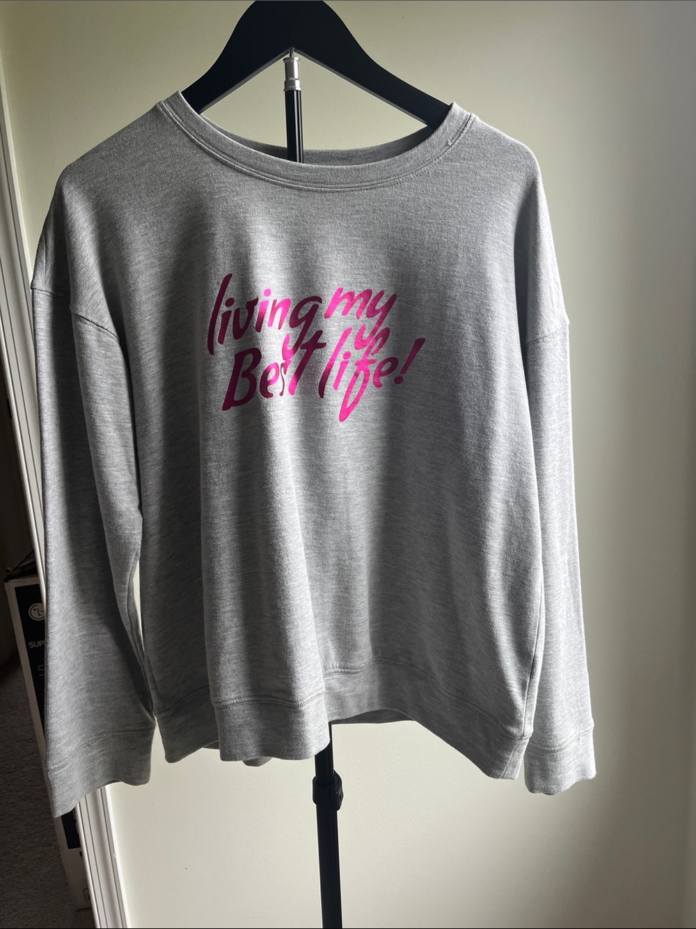 Gray Sweatshirt with Pink 'Living My Best Life' Graphic